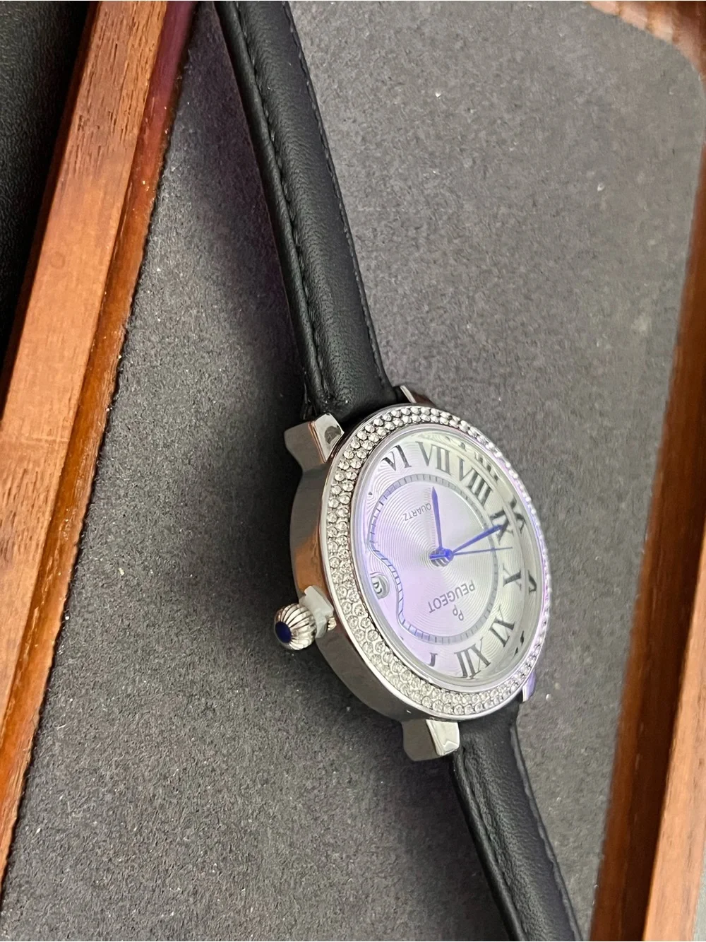 Peugeot Silver Crystal Bezel Watch with Black Strap
